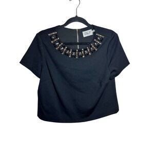 Eliza‎ J Black Embellished Rhinestone Beaded Short Sleeve Crop Top